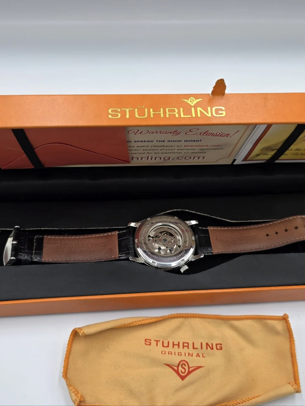 Stuhrling Original Mens Skeleton Automatic Watch ST-90050‎ Silver Black Leather
